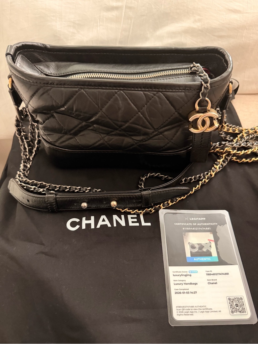 CHANEL Gabrielle Black Quilted Leather Shoulder Bag with Gold CC Charm
